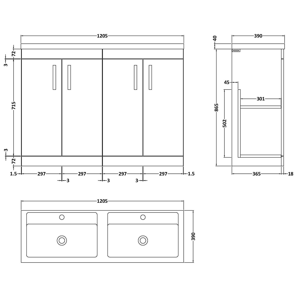 1200mm FS 4-Door Vanity & Double Basin - Gloss White
