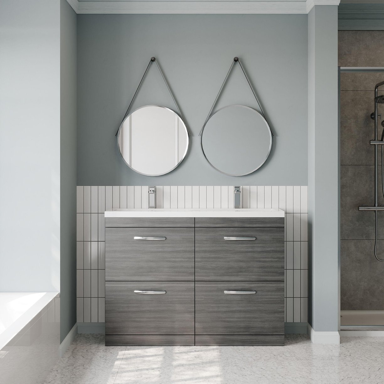 1200mm FS 4-Drawer Vanity & Double Basin - Anthracite Woodgrain