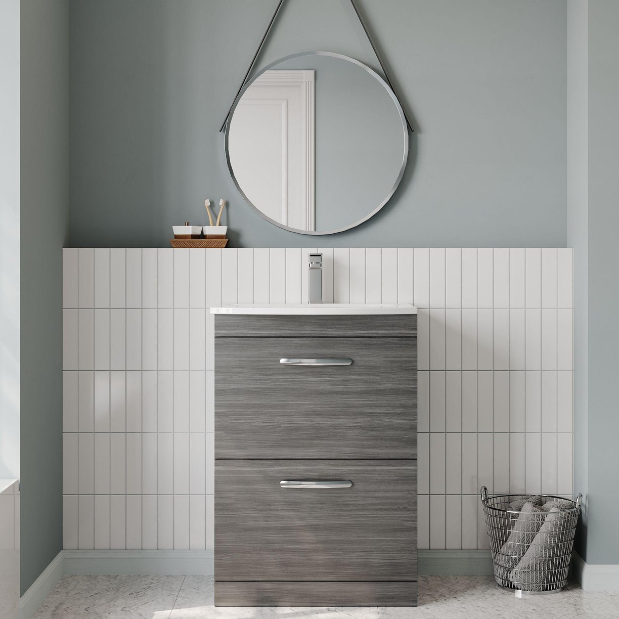 600mm FS 2-Drawer Vanity & Basin 4 - Anthracite Woodgrain