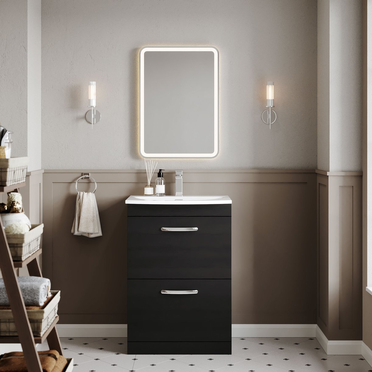 600mm FS 2-Drawer Vanity & Basin 4 - Charcoal Black