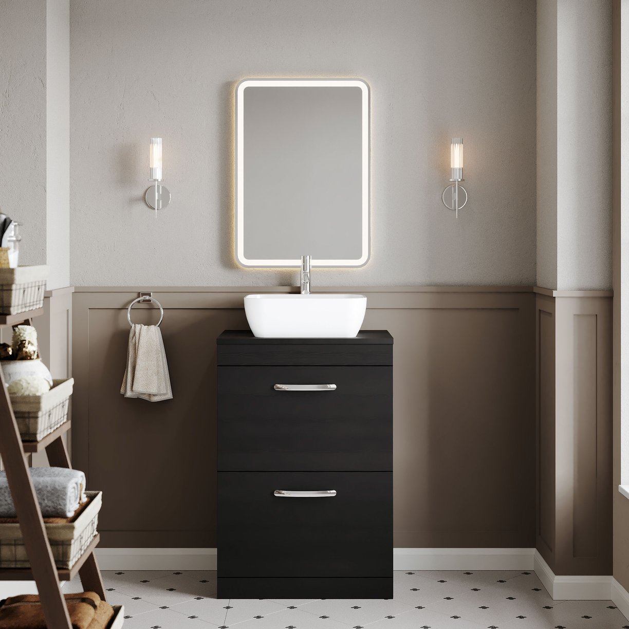 600mm FS 2-Drawer Vanity & Worktop - Charcoal Black