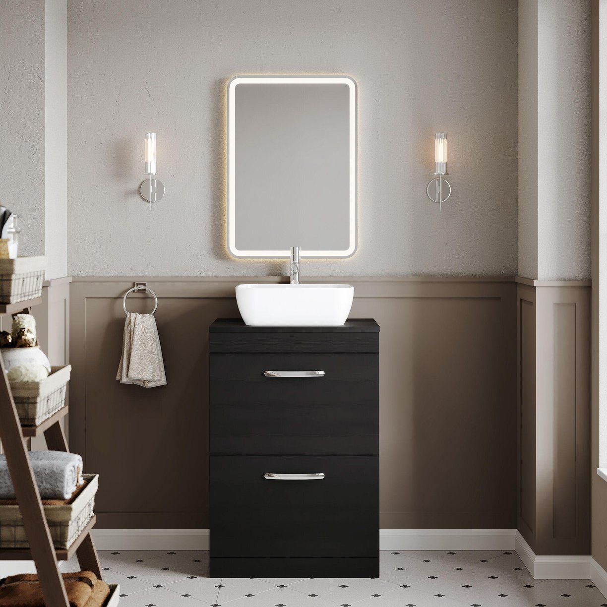 600mm FS 2-Drawer Vanity & Worktop - Charcoal Black