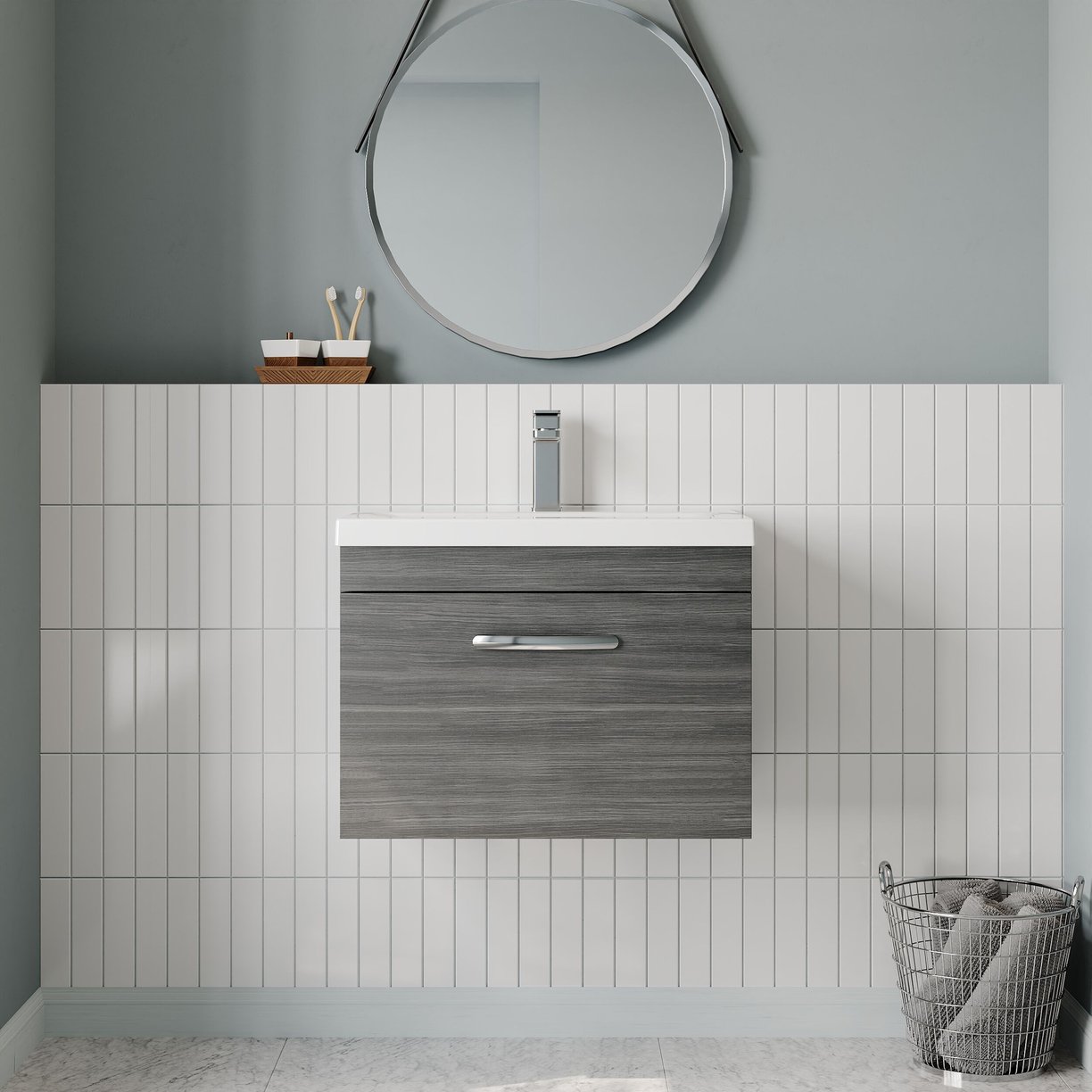 600mm WH Single Drawer Vanity & Basin 1 - Anthracite Woodgrain