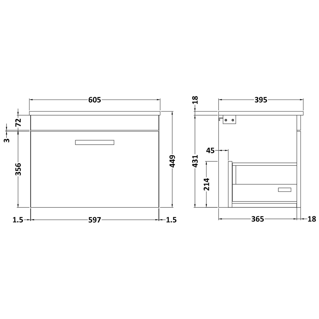 600mm WH Single Drawer Vanity & Basin 2 - Anthracite Woodgrain