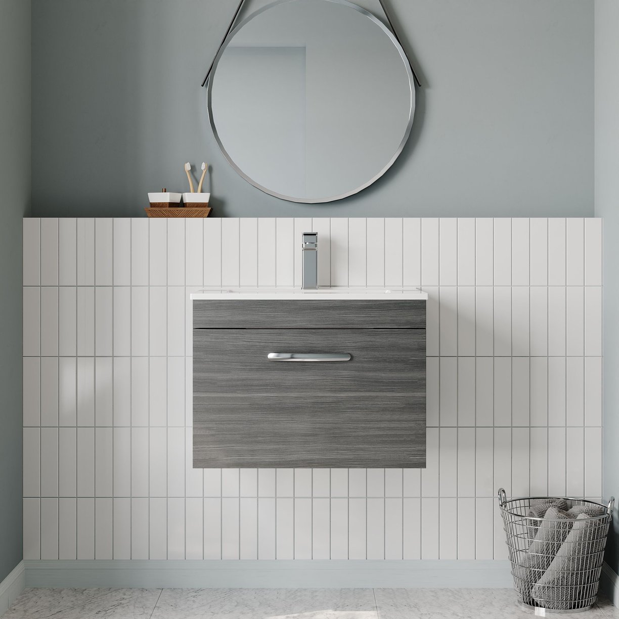 600mm WH Single Drawer Vanity & Basin 2 - Anthracite Woodgrain
