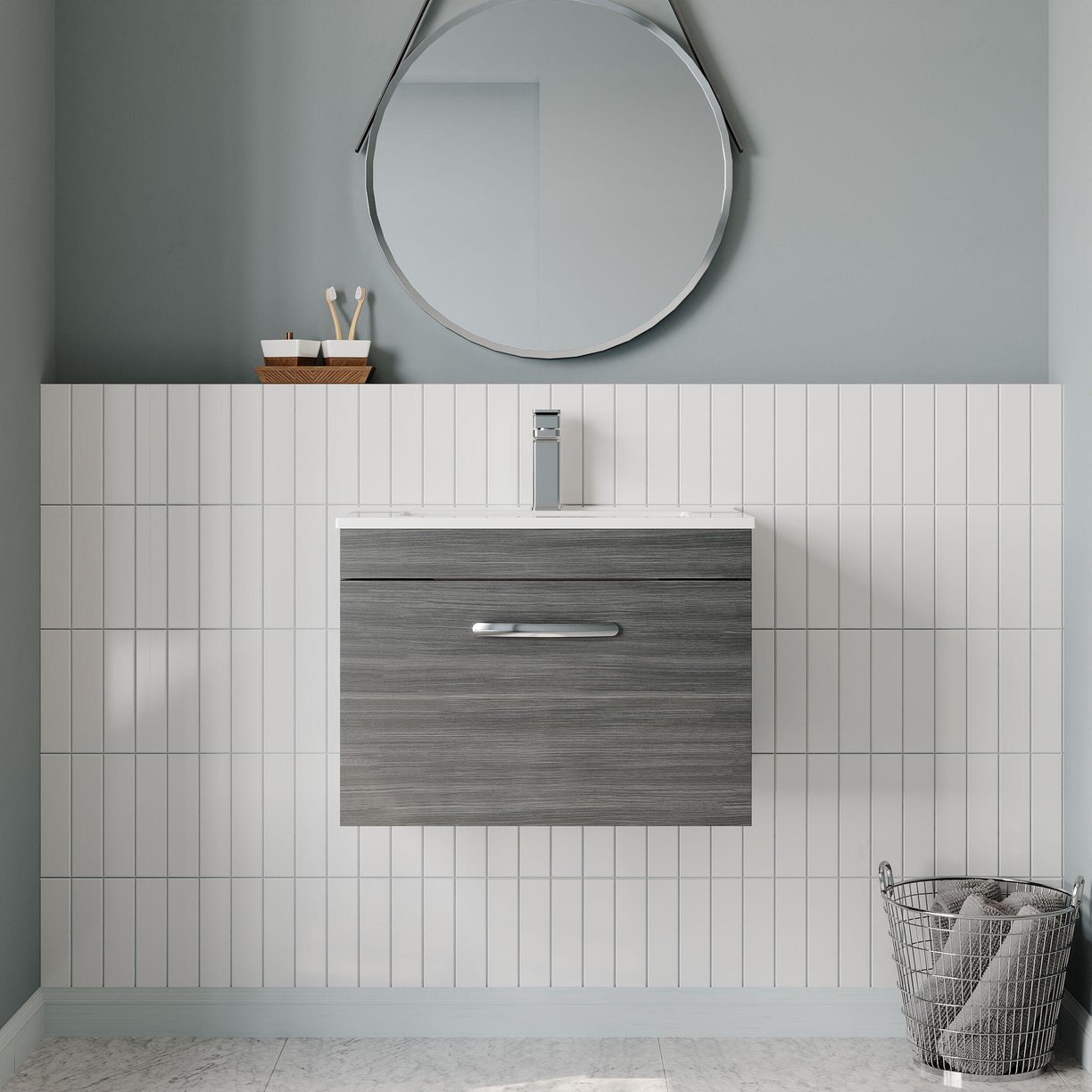 600mm WH Single Drawer Vanity & Basin 2 - Anthracite Woodgrain