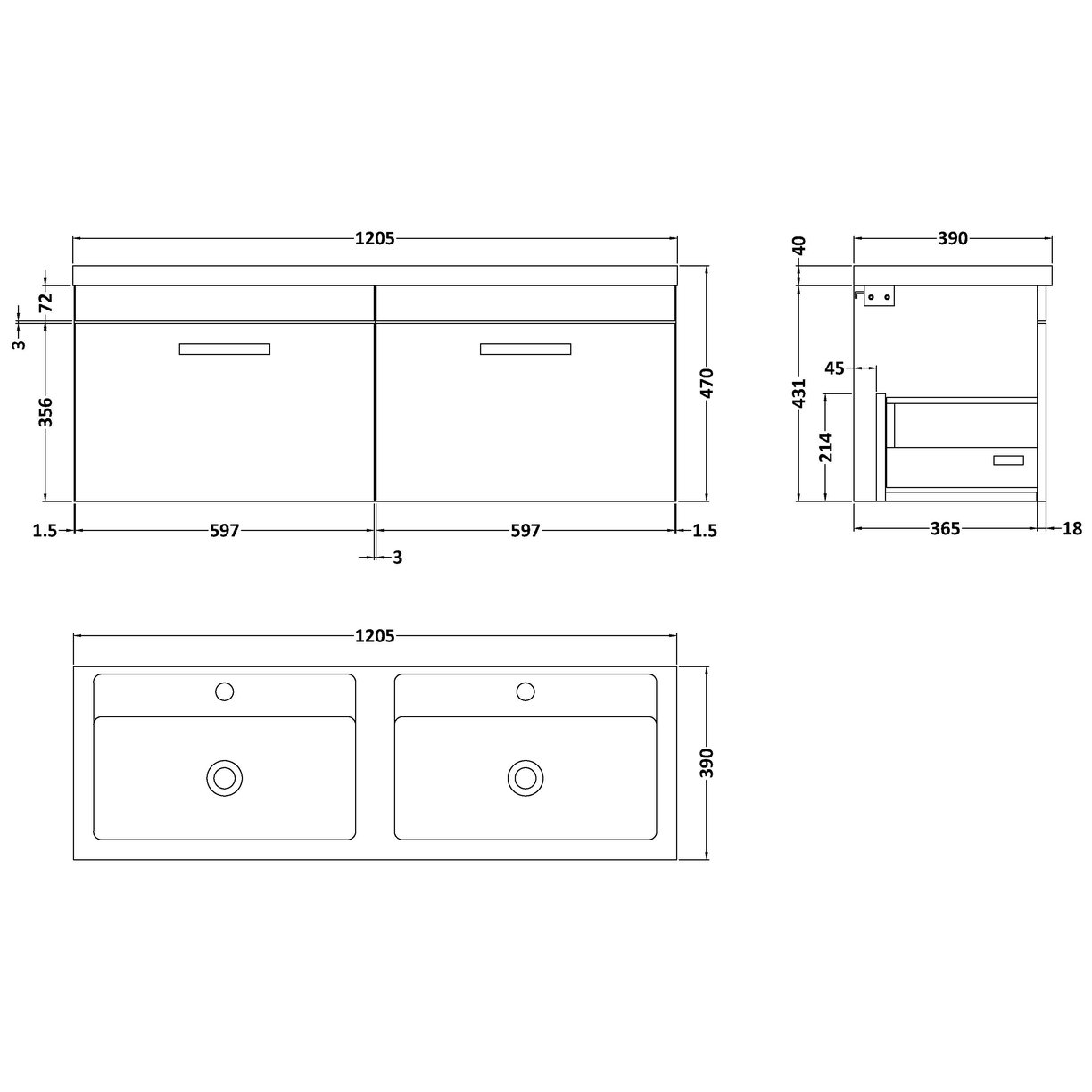 1200 WH 2-Drawer Vanity & Double Basin