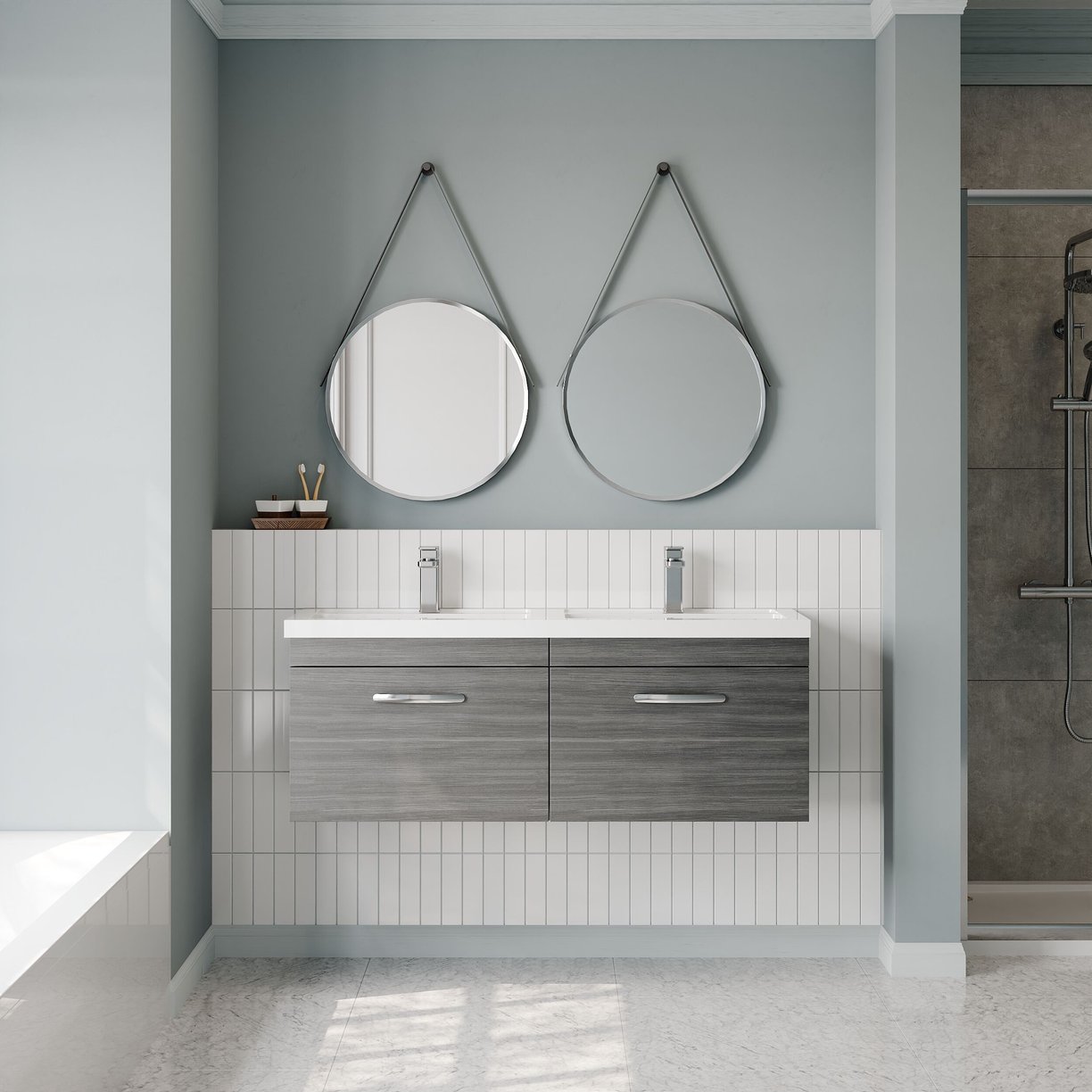 1200mm WH 2-Drawer Vanity & Double Basin - Anthracite Woodgrain