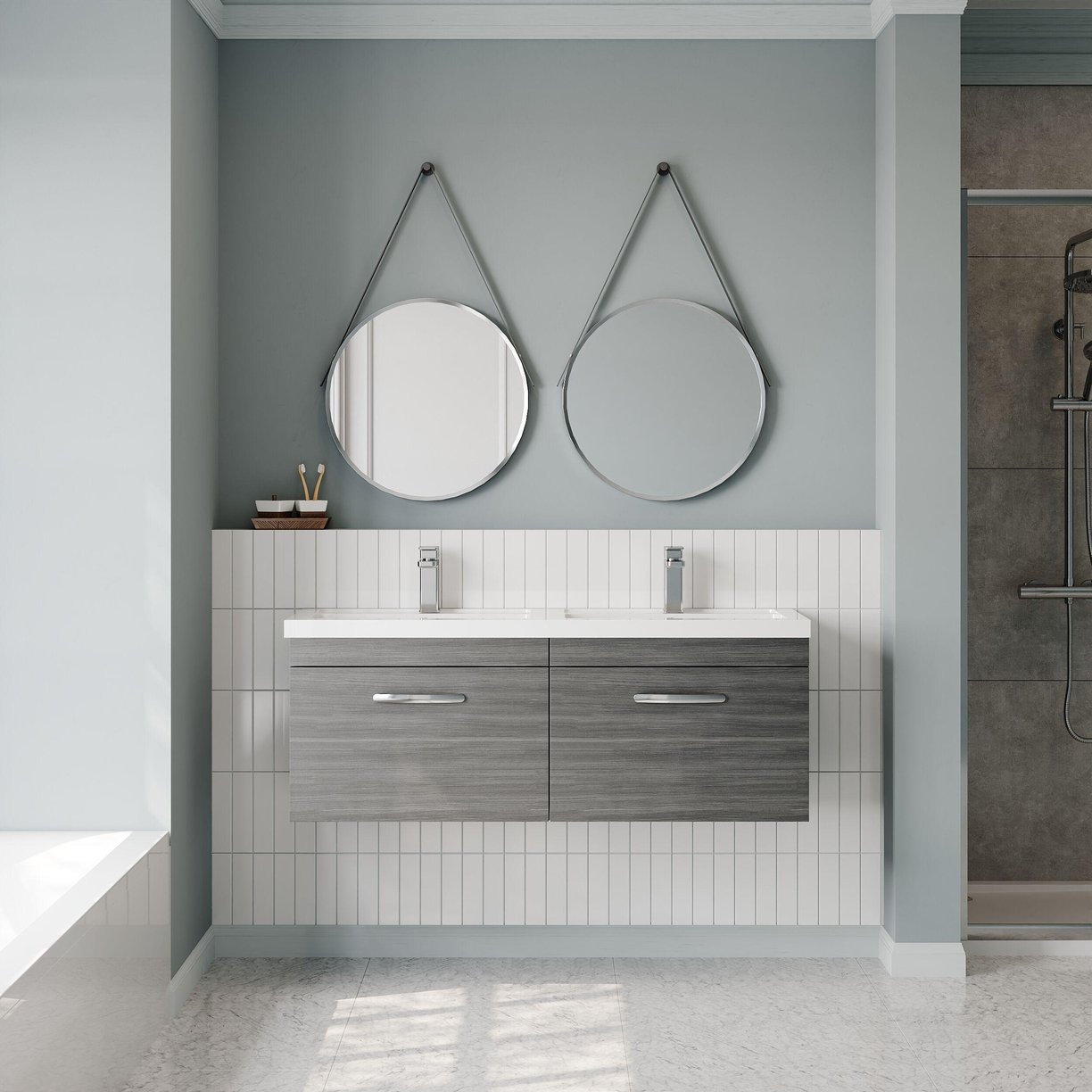 1200mm WH 2-Drawer Vanity & Double Basin - Anthracite Woodgrain