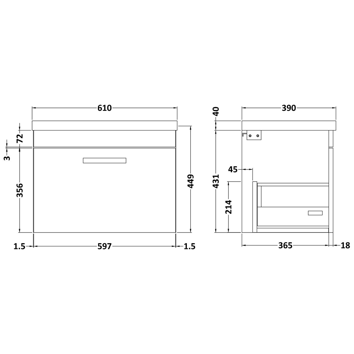 600 WH Single Drawer Vanity & Basin 1