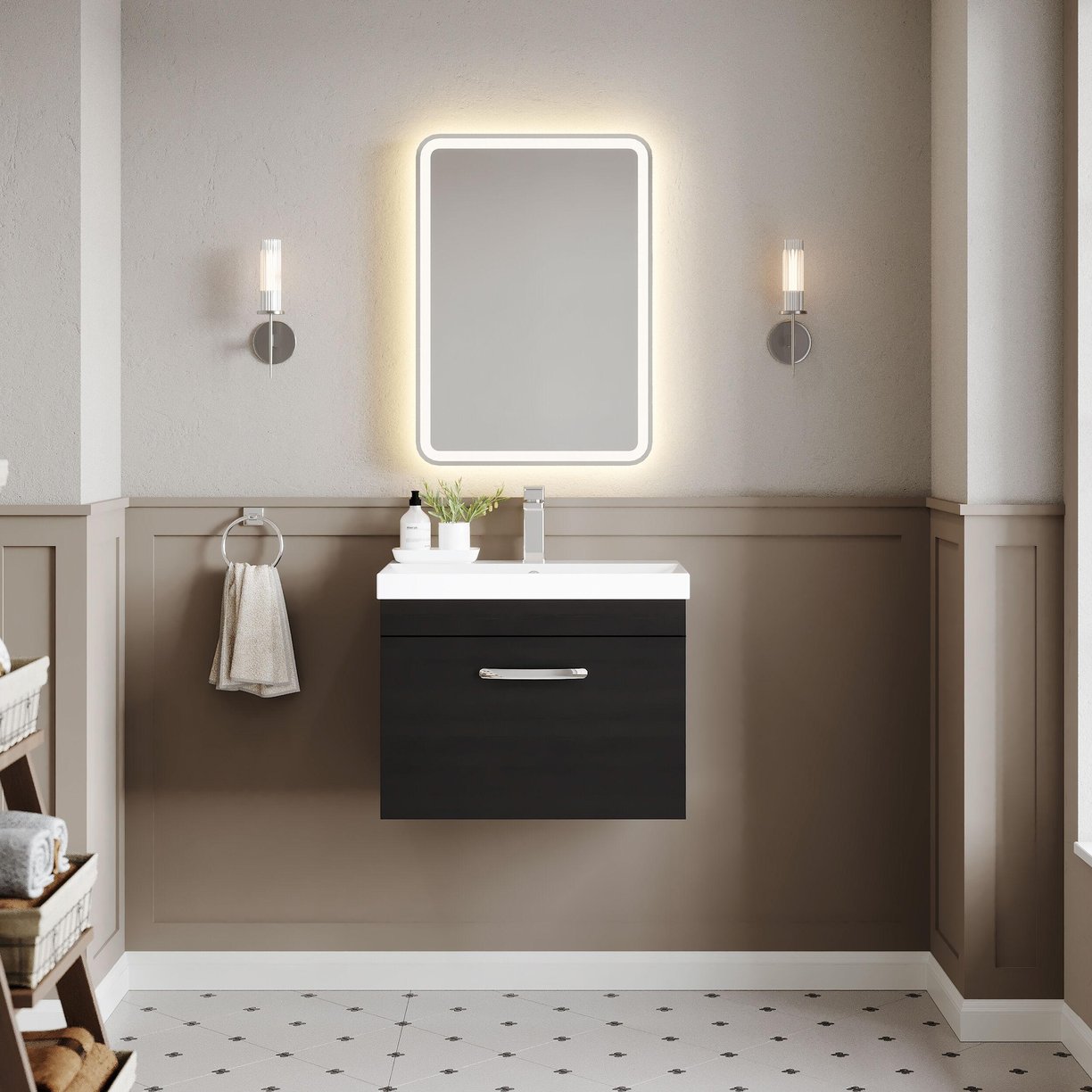 600mm WH Single Drawer Vanity & Basin 3 - Charcoal Black