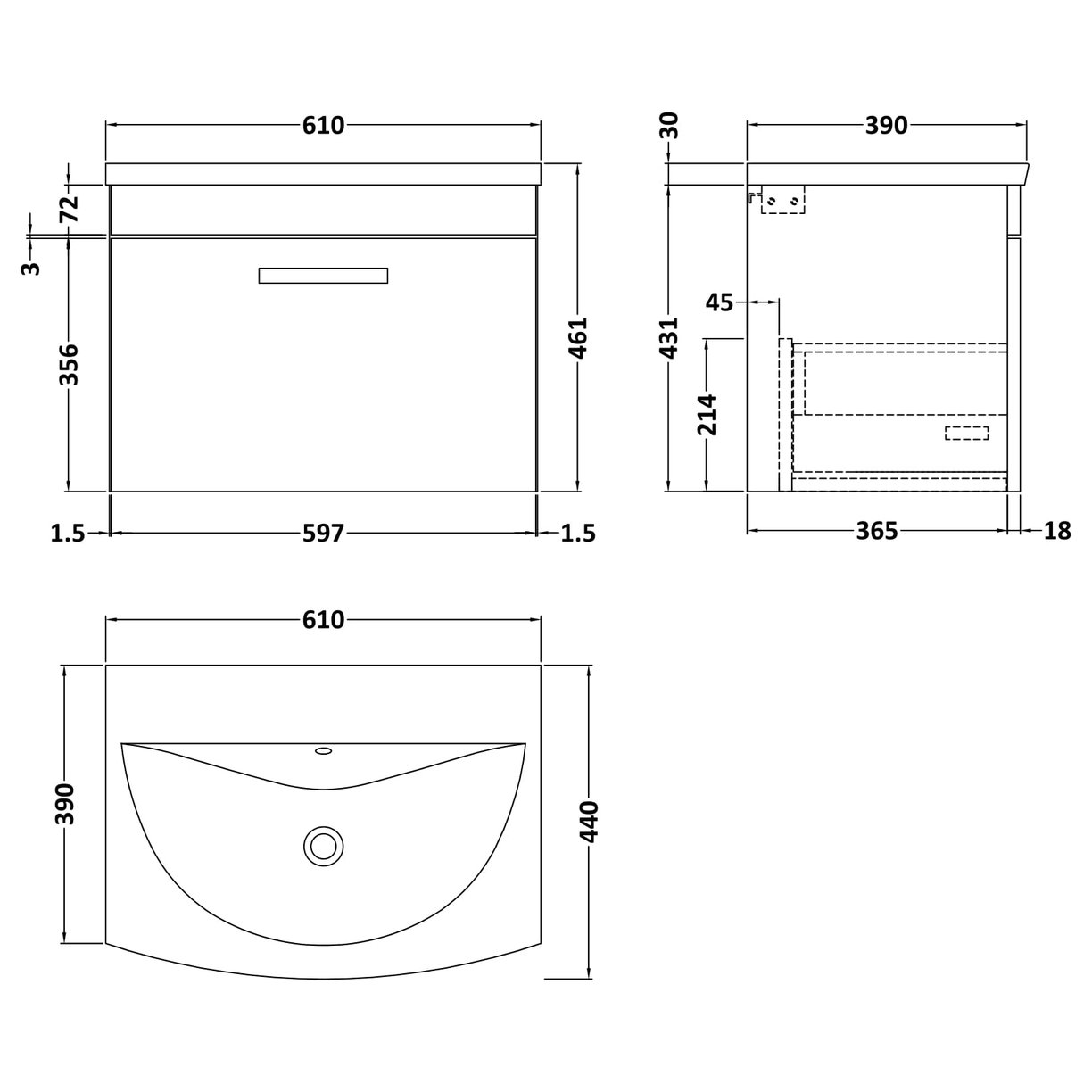 600mm WH Single Drawer Vanity & Basin 4 - Gloss White