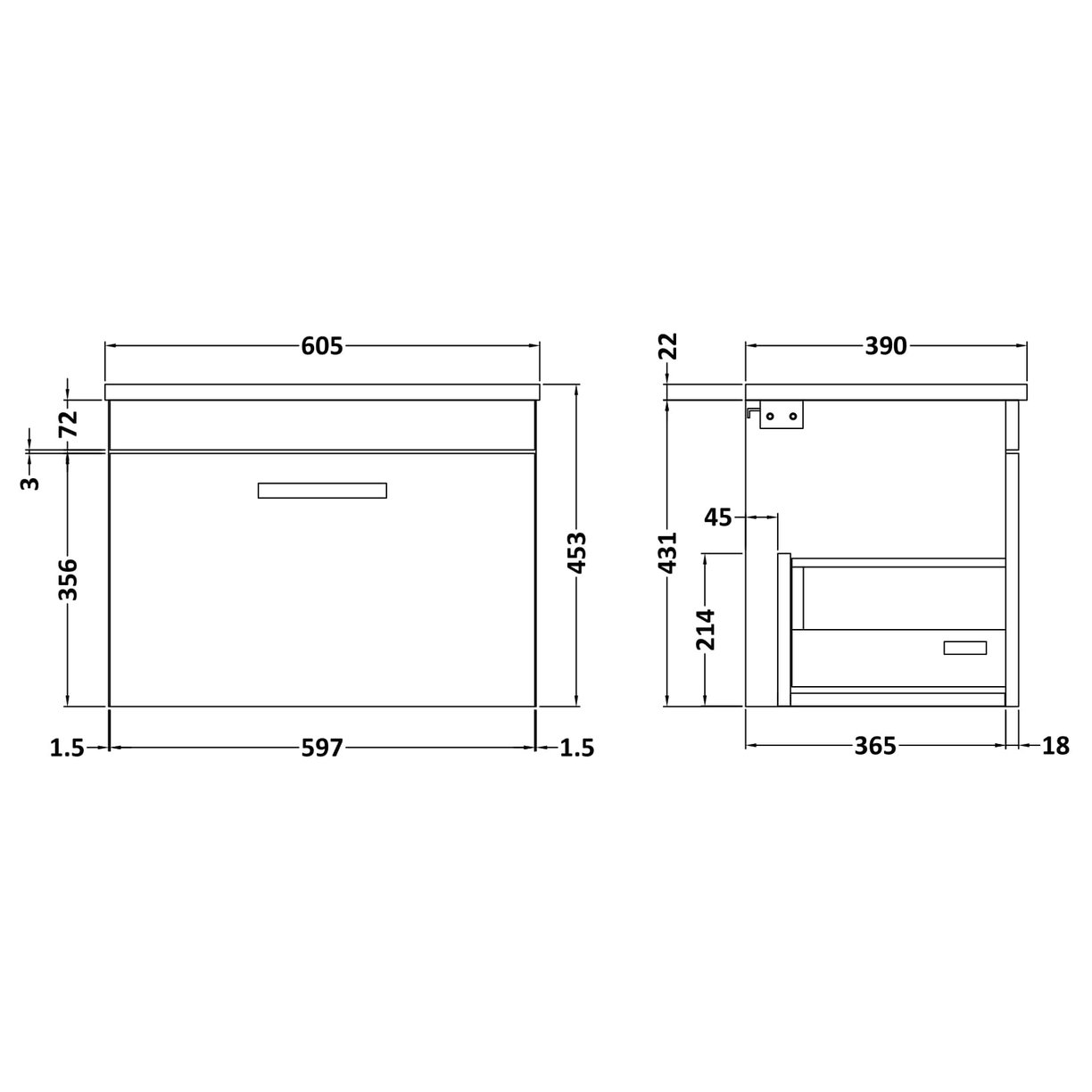 600mm WH Single Drawer Vanity & Worktop - Gloss White