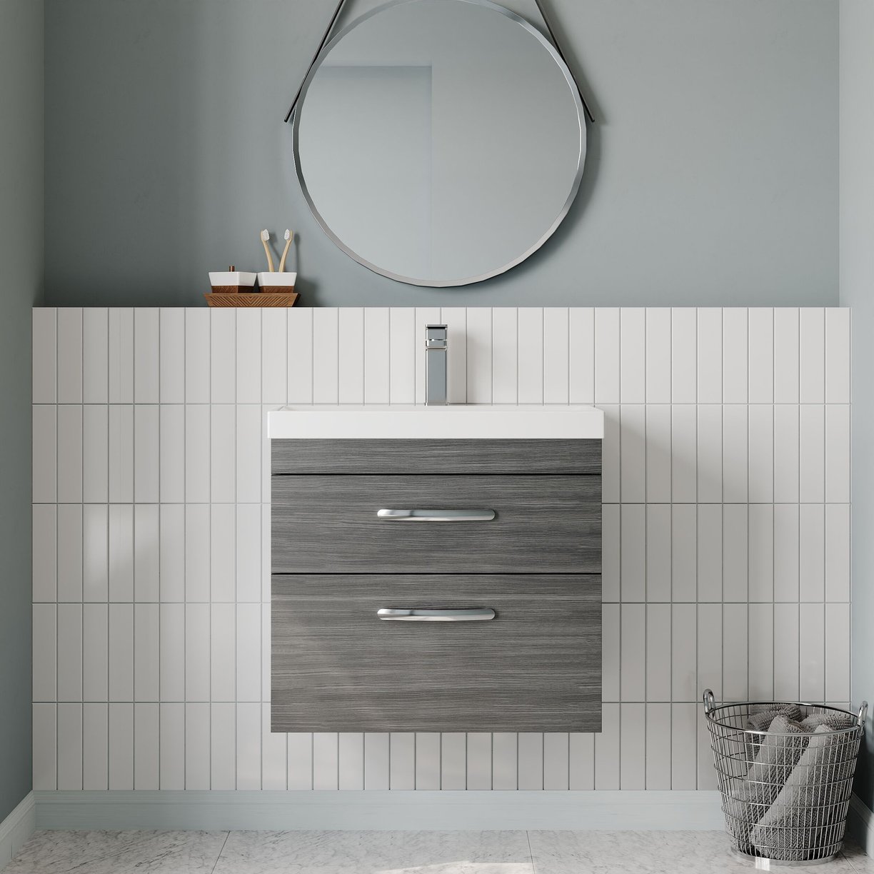 600mm WH 2-Drawer Vanity & Basin 3 - Anthracite Woodgrain
