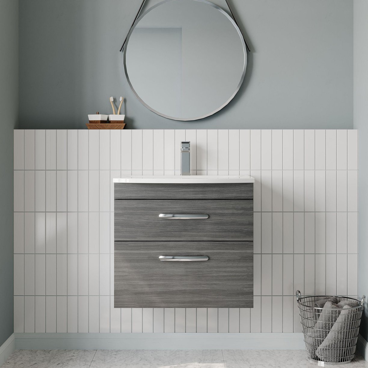 600mm WH 2-Drawer Vanity & Basin 4 - Anthracite Woodgrain
