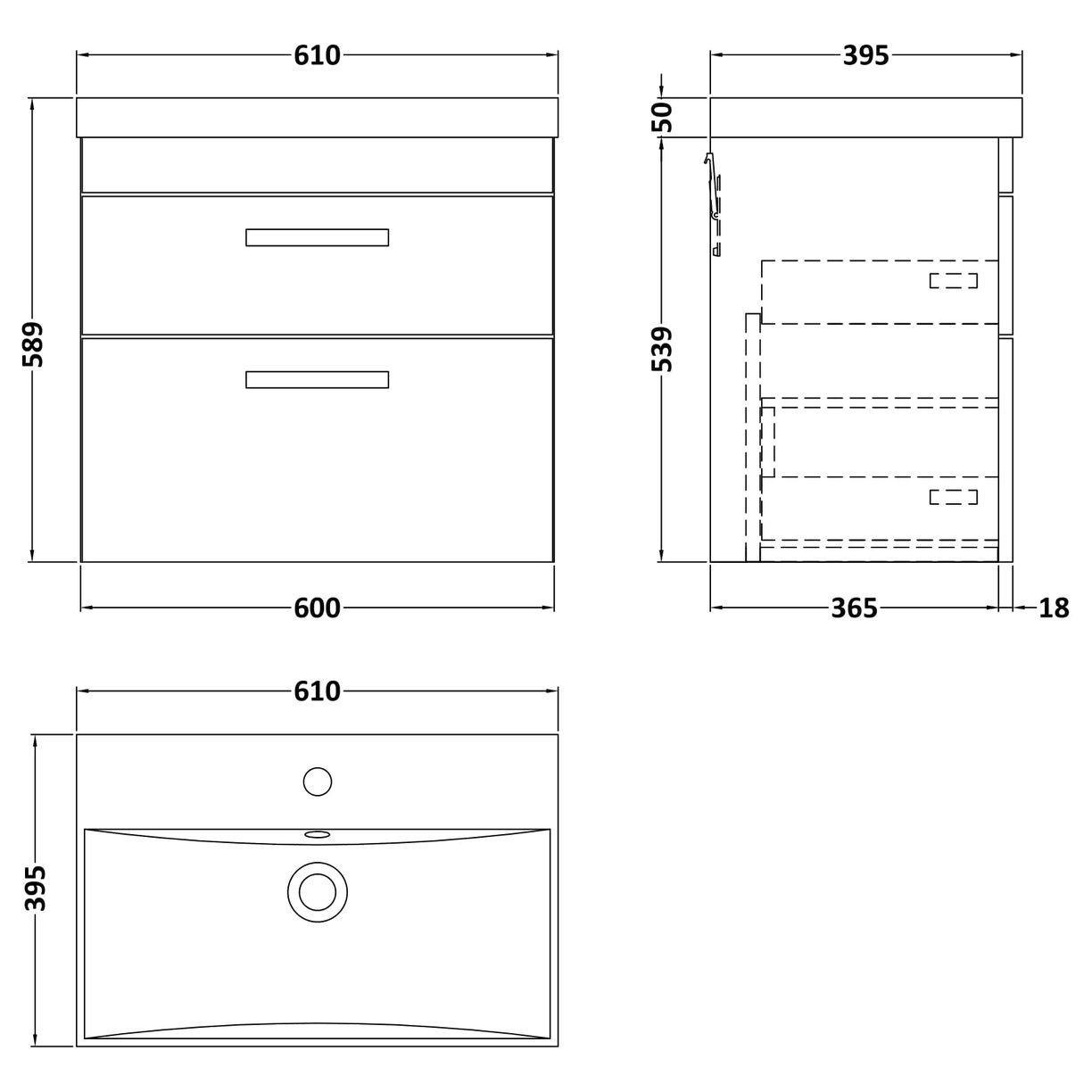 600 WH 2-Drawer Vanity & Basin 3
