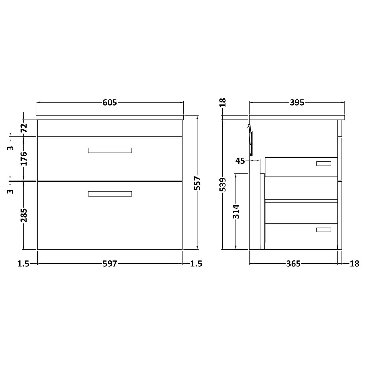 600 WH 2-Drawer Vanity & Basin 2