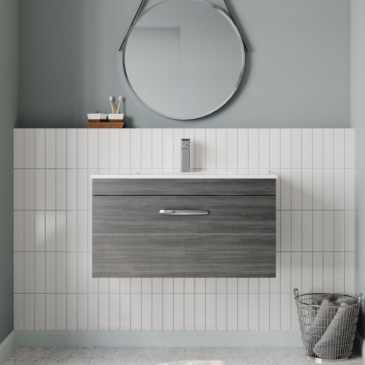 800mm WH Single Drawer Vanity & Basin 2 - Anthracite Woodgrain