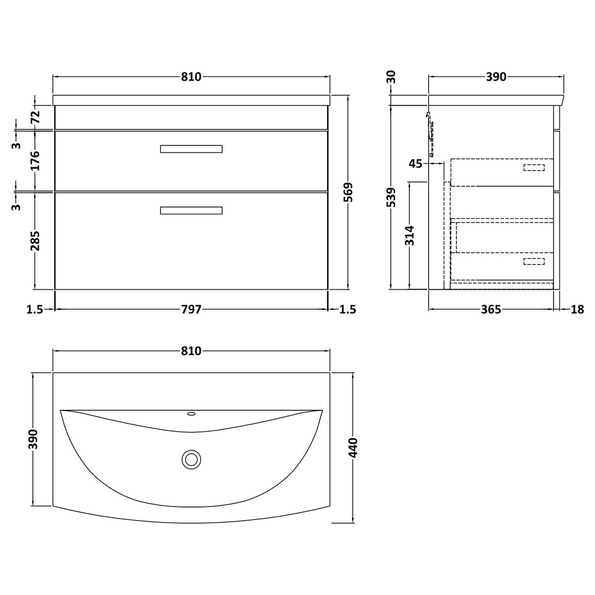 800 WH 2-Drawer Vanity & Basin 4