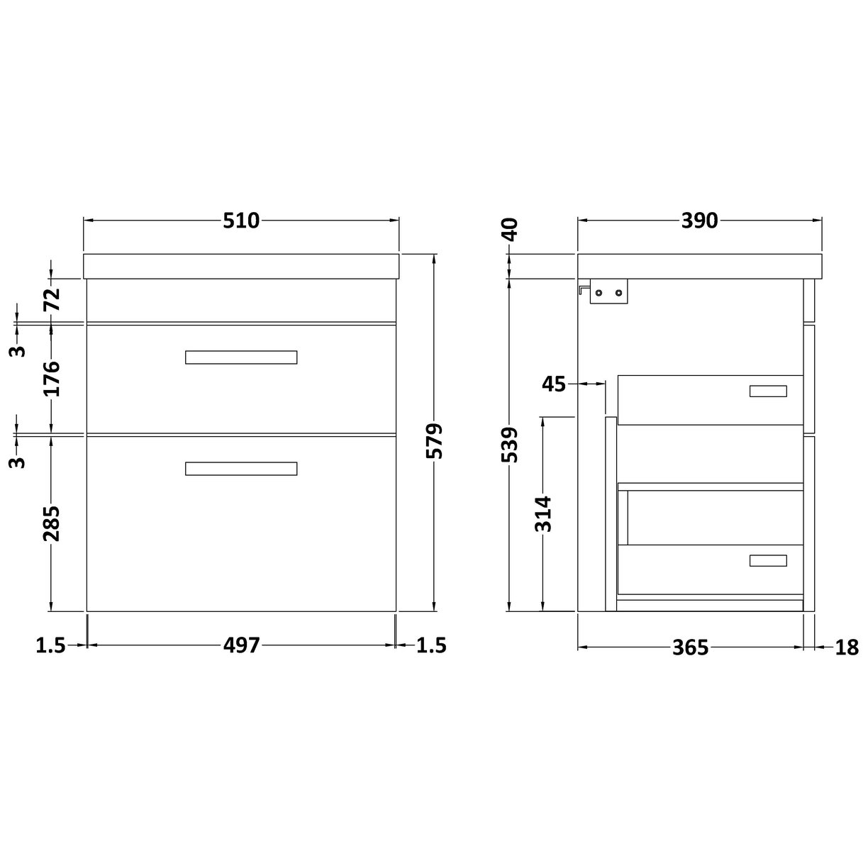 500mm WH 2-Drawer Vanity & Basin 1 - Gloss Grey