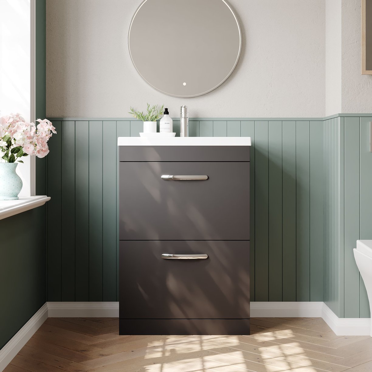 600mm FS 2-Drawer Vanity & Basin 1 - Gloss Grey