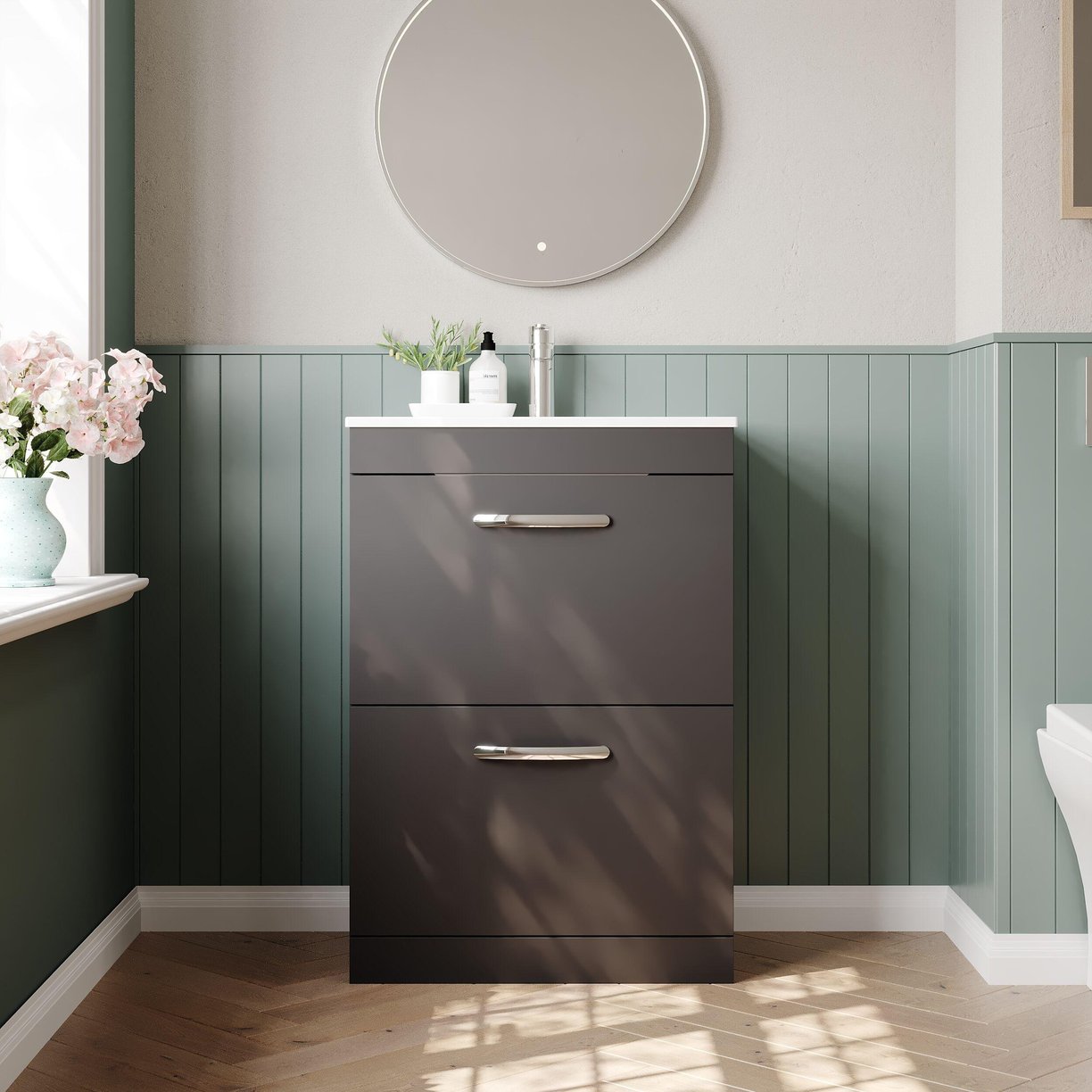 600mm FS 2-Drawer Vanity & Basin 2 - Gloss Grey