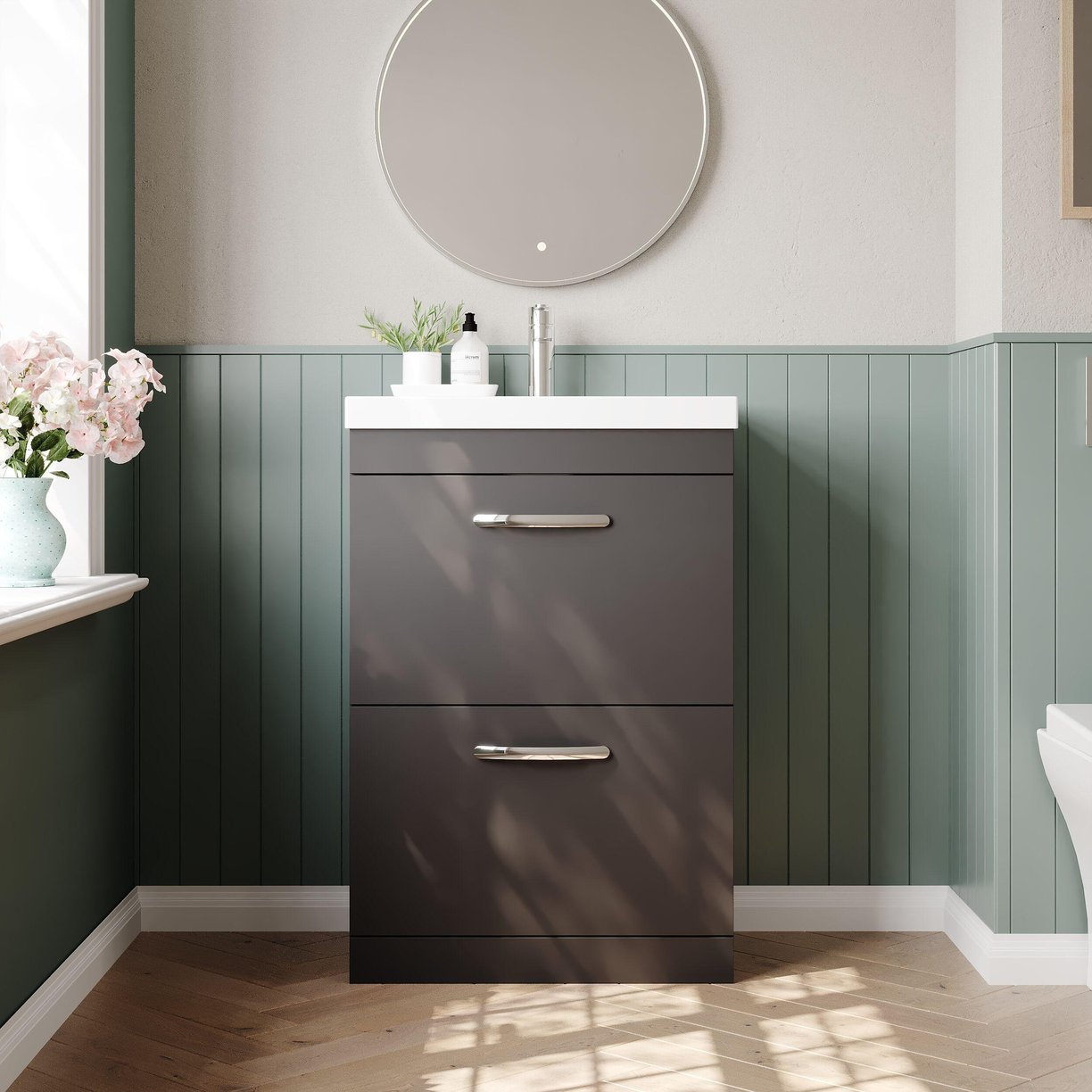 600mm FS 2-Drawer Vanity & Basin 3 - Gloss Grey
