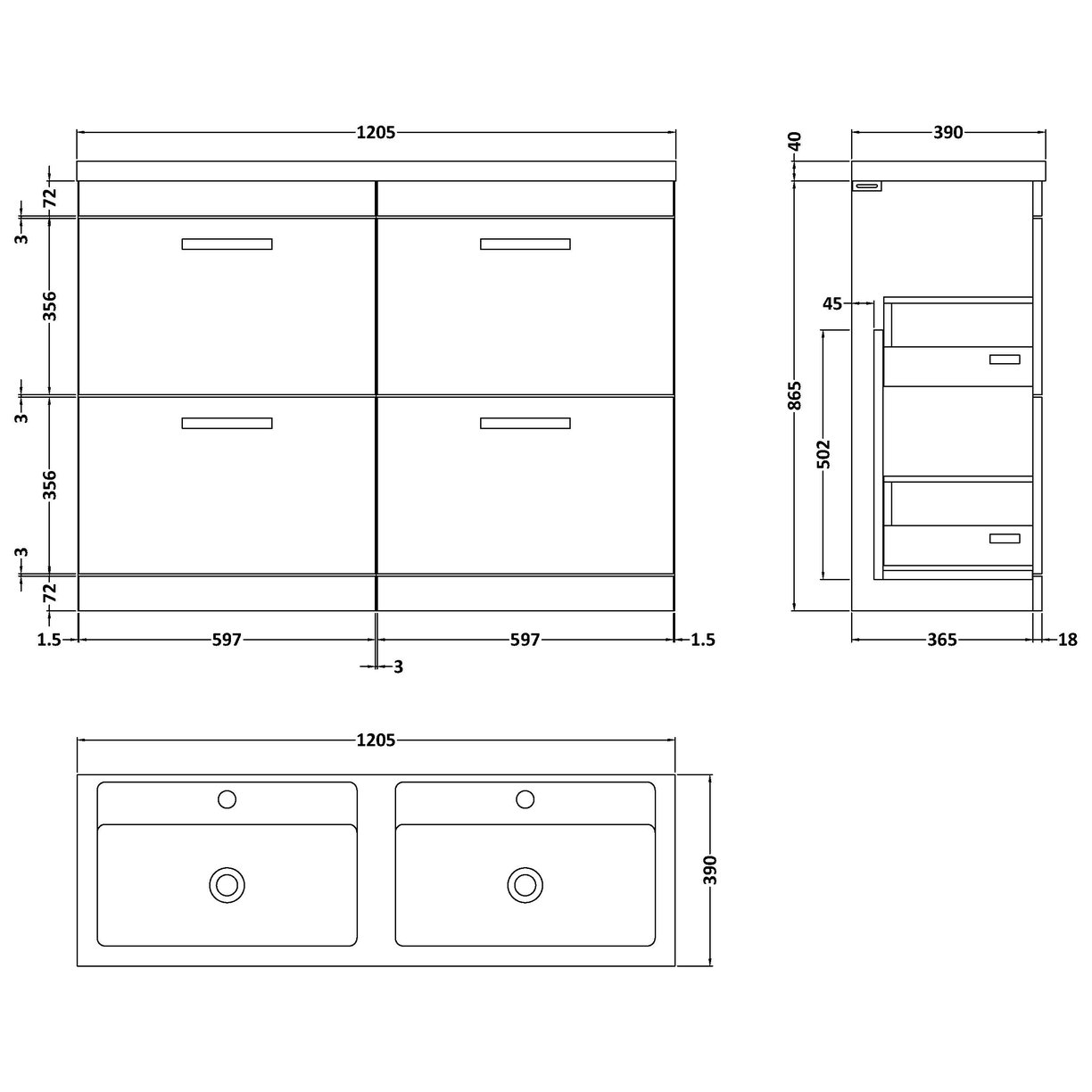 1200 FS 4-Drawer Vanity & Double Basin