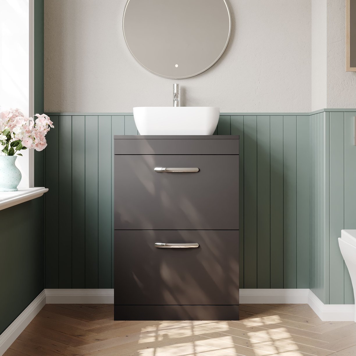600mm FS 2-Drawer Vanity & Worktop - Gloss Grey