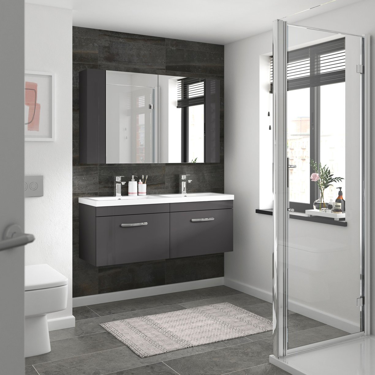 1200mm WH 2-Drawer Vanity & Double Basin - Gloss Grey