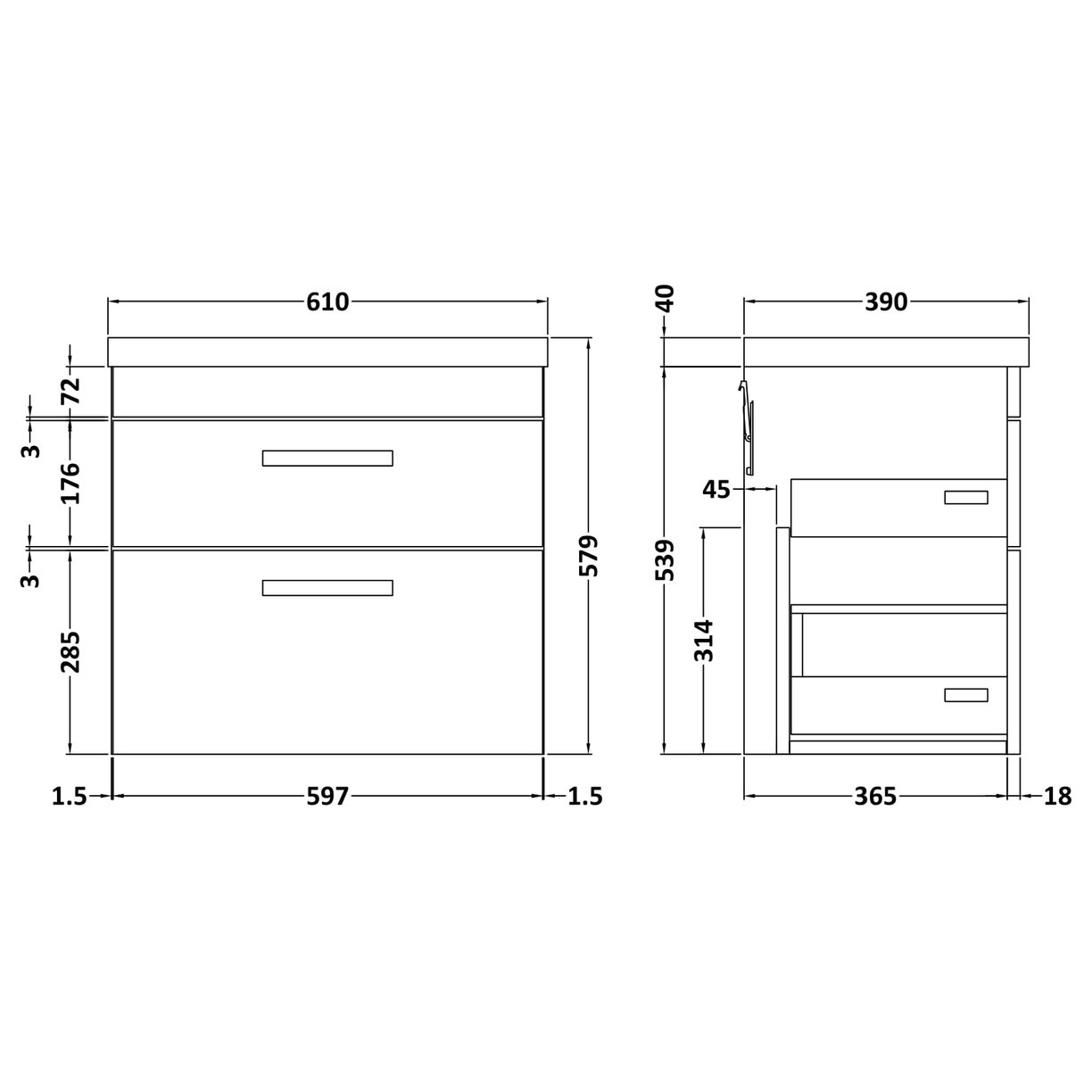 600mm WH 2-Drawer Vanity & Basin 1 - Gloss Grey