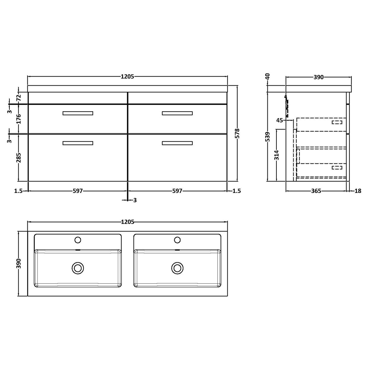 1200 WH 4-Drawer Vanity & Double Basin