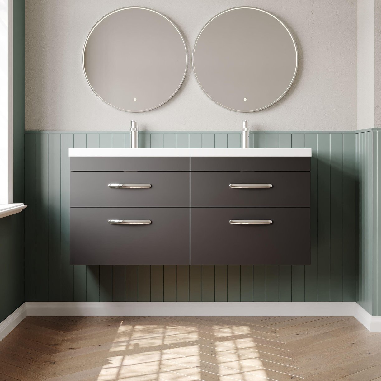 1200mm WH 4-Drawer Vanity & Double Basin - Gloss Grey