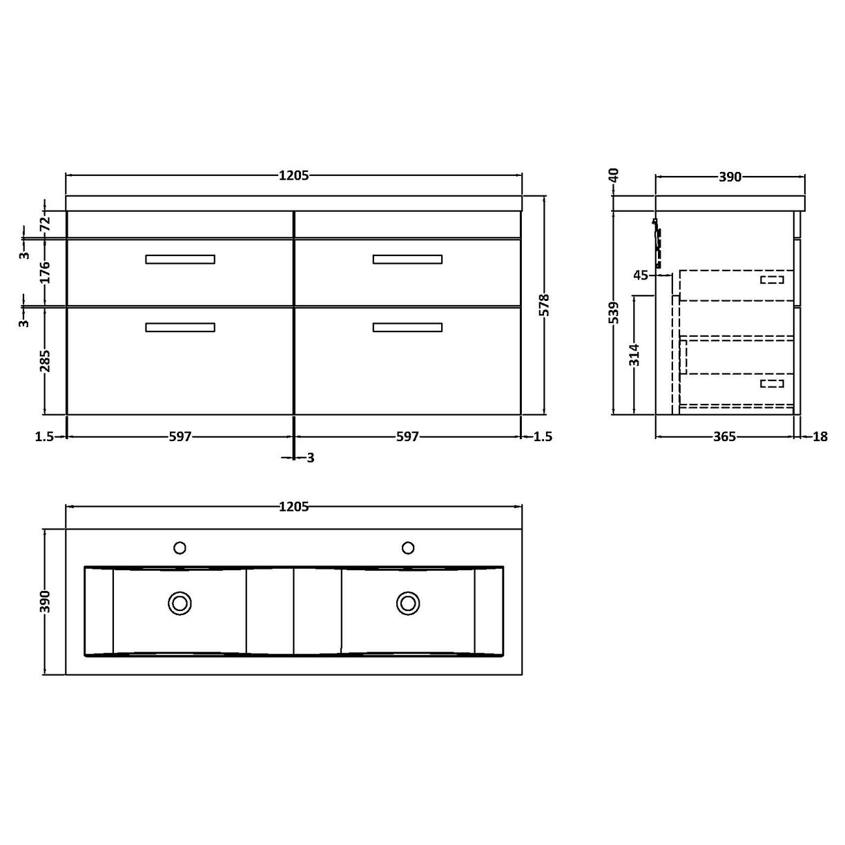1200 WH 4-Drawer Vanity & Double Basin