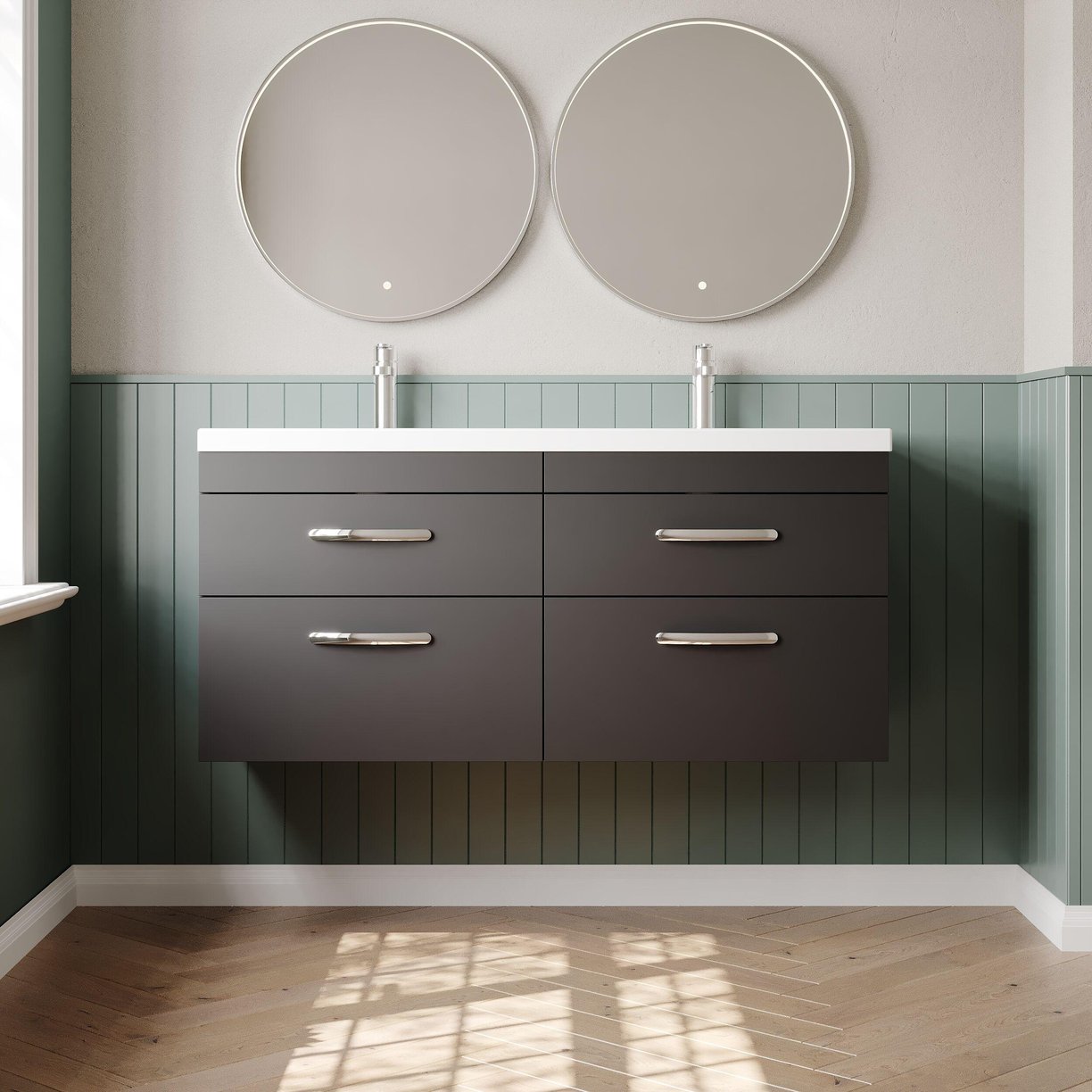 1200mm WH 4-Drawer Vanity & Double Basin - Gloss Grey