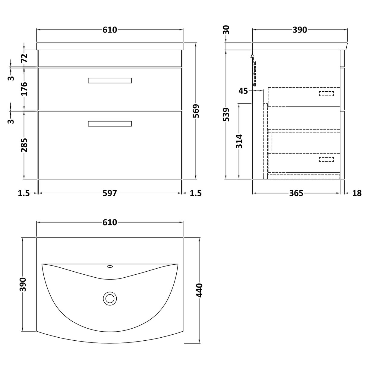 600 WH 2-Drawer Vanity & Basin 4