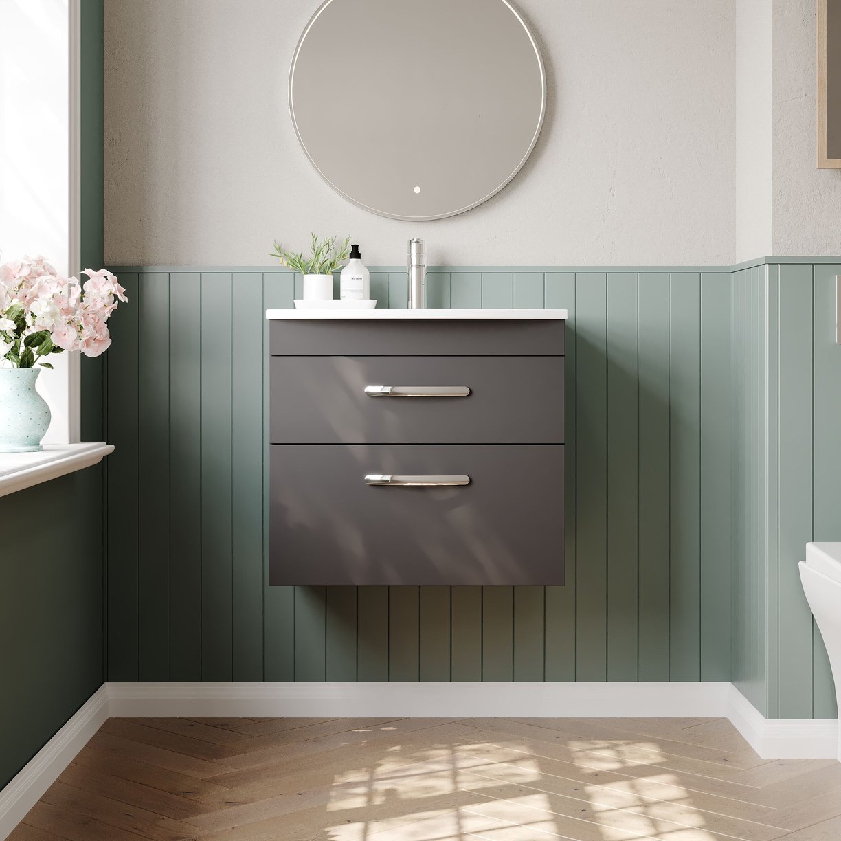 600mm WH 2-Drawer Vanity & Basin 4 - Gloss Grey