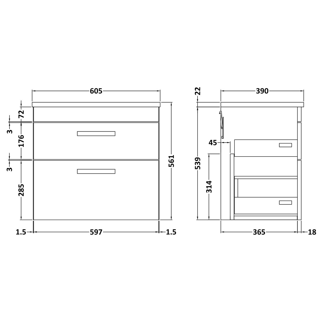 600 WH 2-Drawer Vanity & Worktop