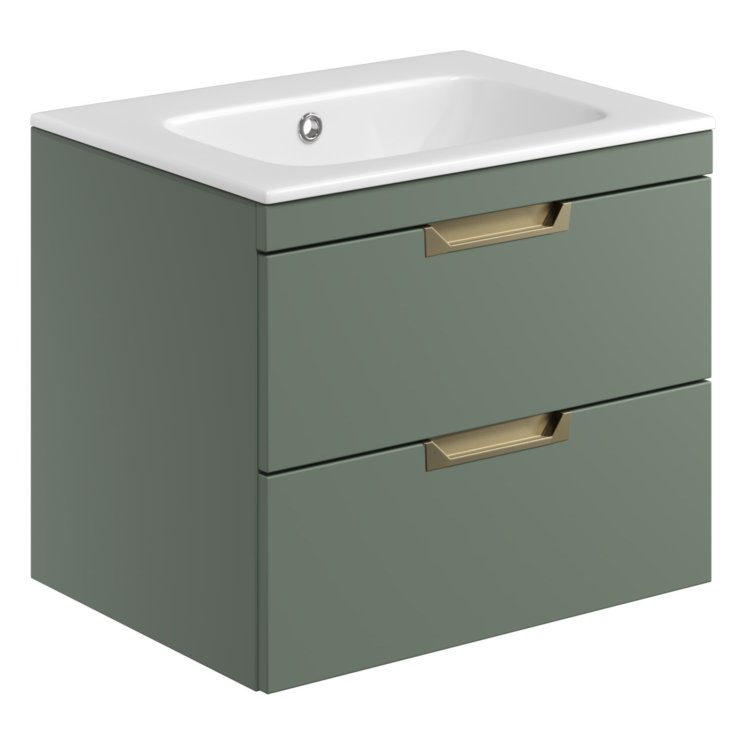 Aubrey 600 Wall Hung Vanity Unit (inc. Brushed Brass Handles) & Basin