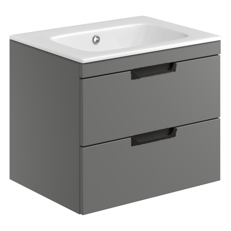 Aubrey 600 Wall Hung Vanity Unit (inc. Black Handles) & Basin