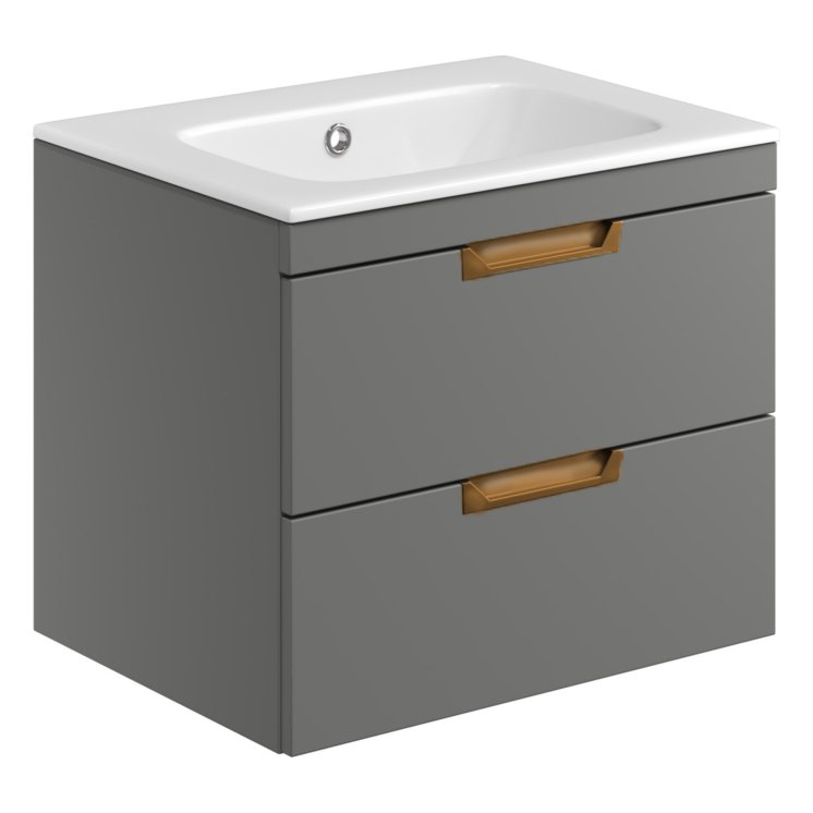 Aubrey 600 Wall Hung Vanity Unit (inc. Brushed Bronze Handles) & Basin