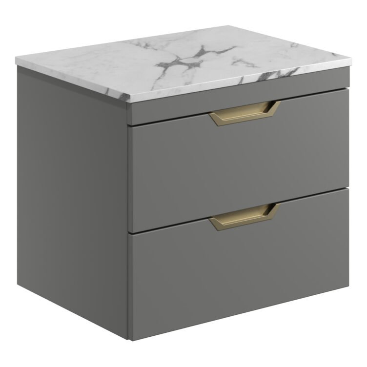 Aubrey 600 Wall Hung Vanity Unit (inc. Brushed Brass Handles) & Countertop