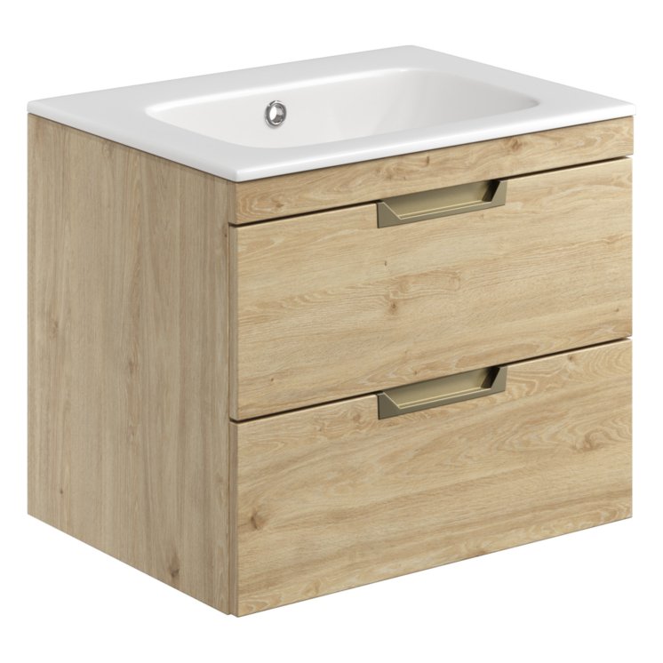 Aubrey 600 Wall Hung Vanity Unit (inc. Brushed Brass Handles) & Basin