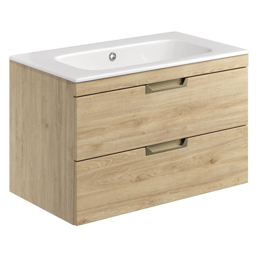 Aubrey 800 Wall Hung Vanity Unit (inc. Brushed Brass Handles) & Basin