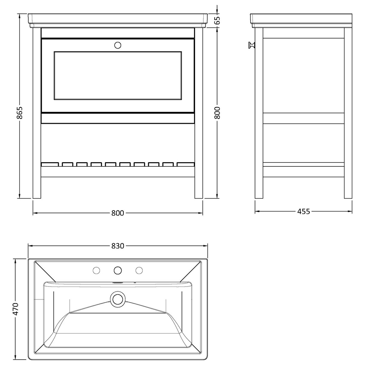 800 F/S Single Drawer Unit & Classic Basin 3Th - Pure White