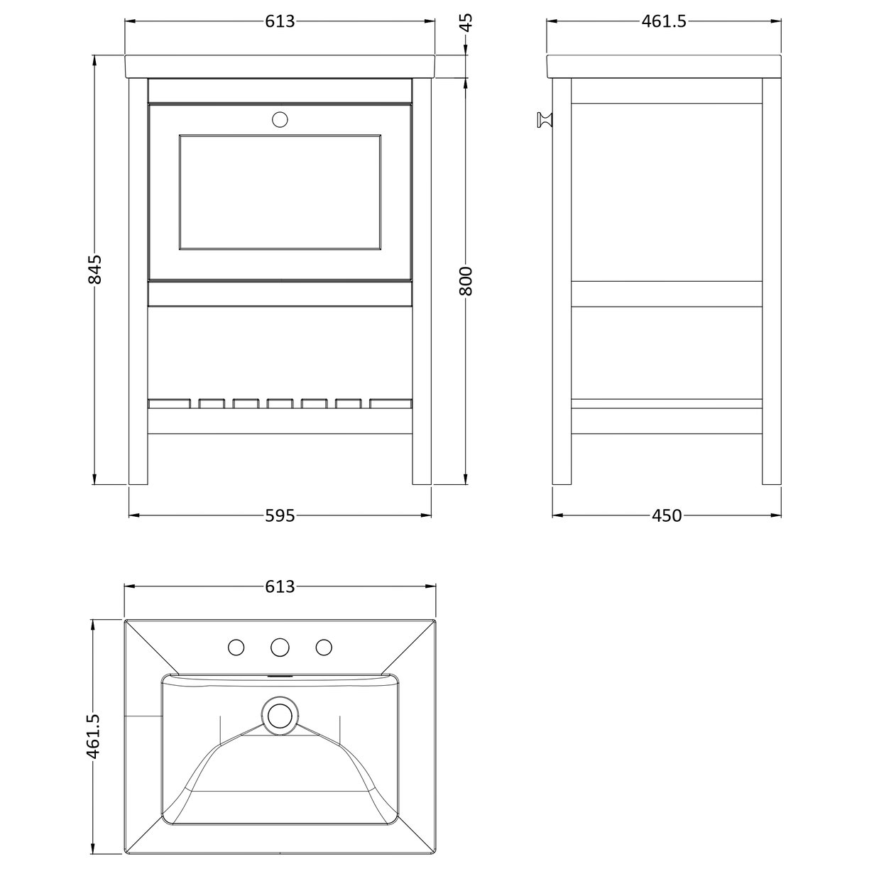 600 F/S Drawer Contemporary Basin 3TH - Cool Grey