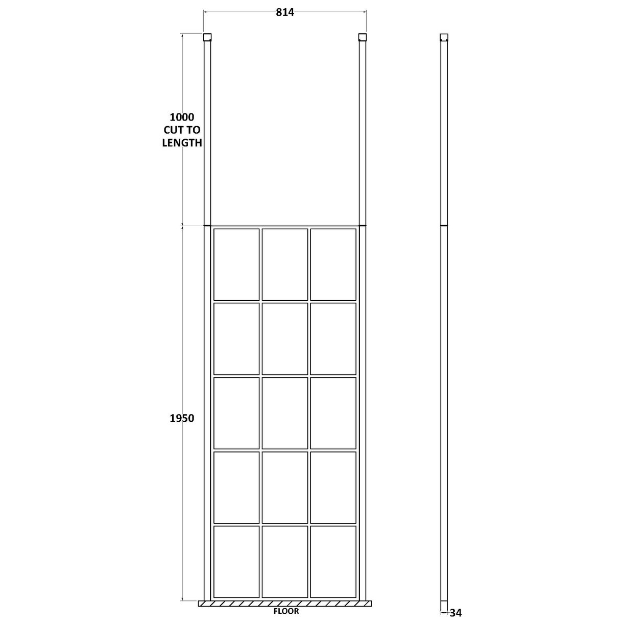 800Mm Frame Screen With Ceiling Posts - Matt Black