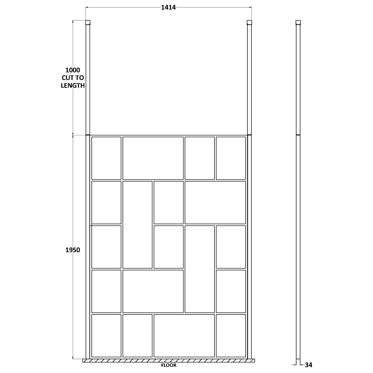 Abstract 1400 Screen With Ceiling Posts - Matt Black