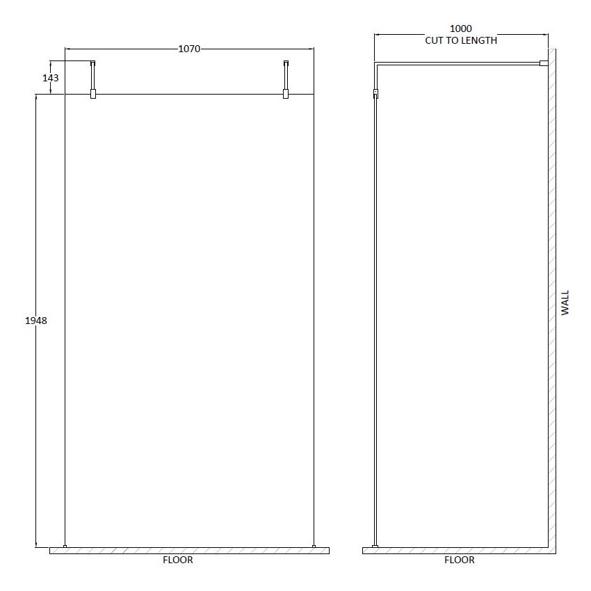 1100Mm Wetroom Screen With Arms And Feet - Matt Black