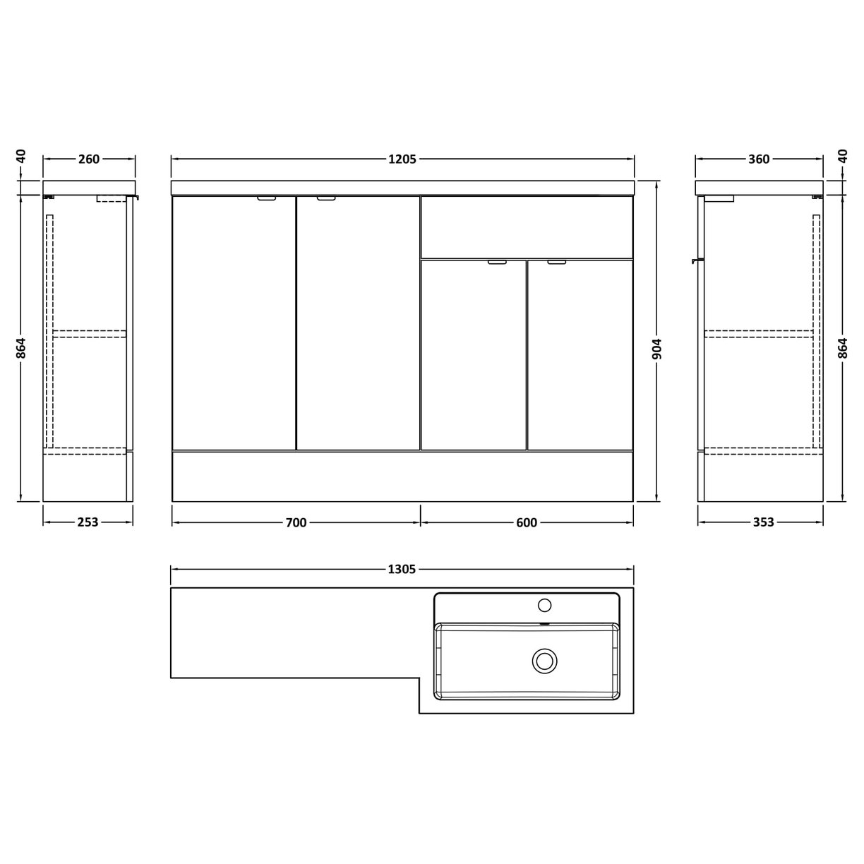 1200Mm Combination - Fd Option 2 - Rh - Gloss White
